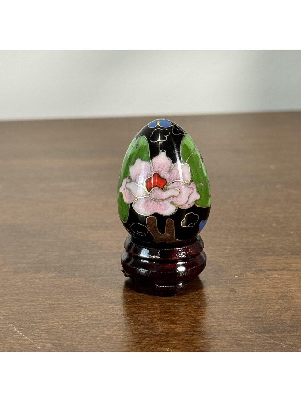 Vintage Chinese Cloisonne Egg Figurine Pink Peony Flower Black Base Wood Stand